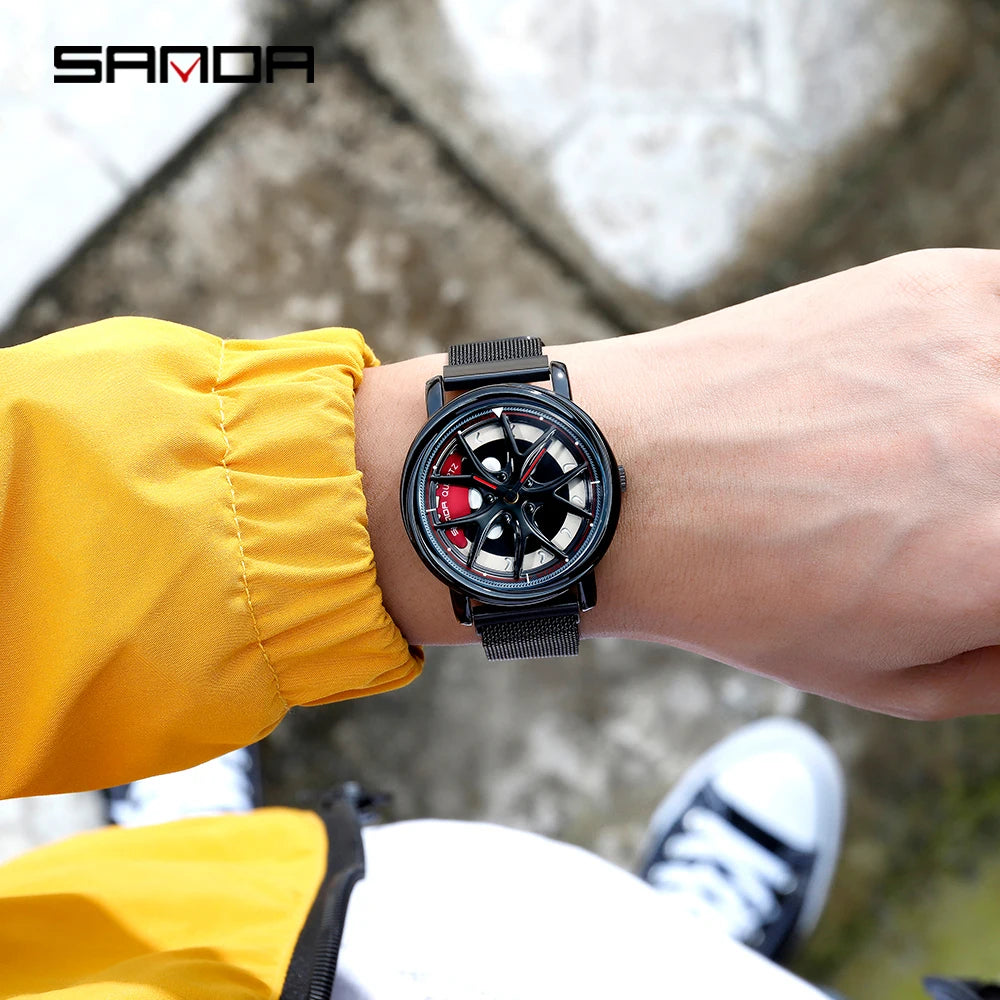Men Watch Car Wheel Rim Hub Dial Male Wristwatch Skeleton Man Black Waterproof Watches Stainless Steel Quartz Relogio Masculino - Acros