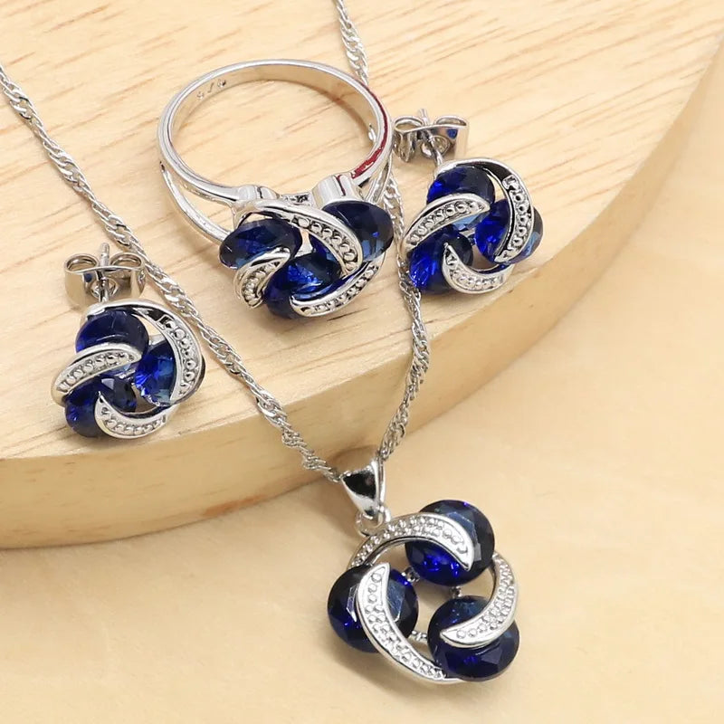 Silver Color Bridal Jewelry Sets For Women Round Dark Blue Crystal Bracelet Stud Earrings Necklace Pendant Rings Free Gift Box