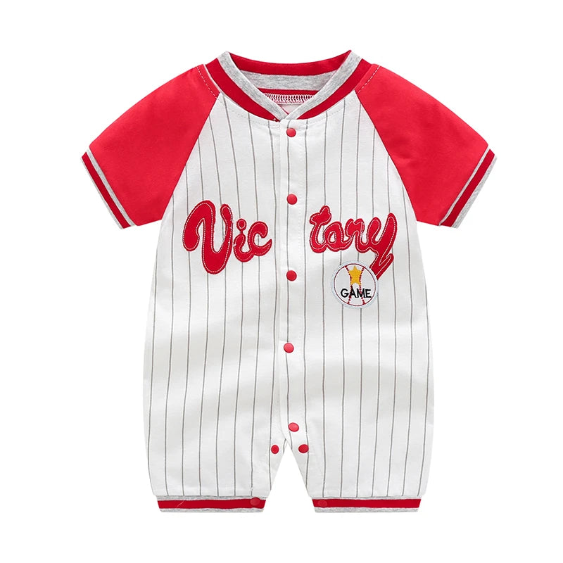 Baby One-Piece Clothing, Pure Cotton, Summer Outfit for 100-Day-Old Babies, Short-Sleeve, Stylish and Trendy Thin Baseball-Style Romper for Boys