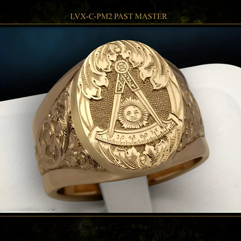 Fashion Carving Sun Pattern Mason Retro Ring for Men 18K Gold Plated Carving Seal Rings Punk Party Handmade Jewelry