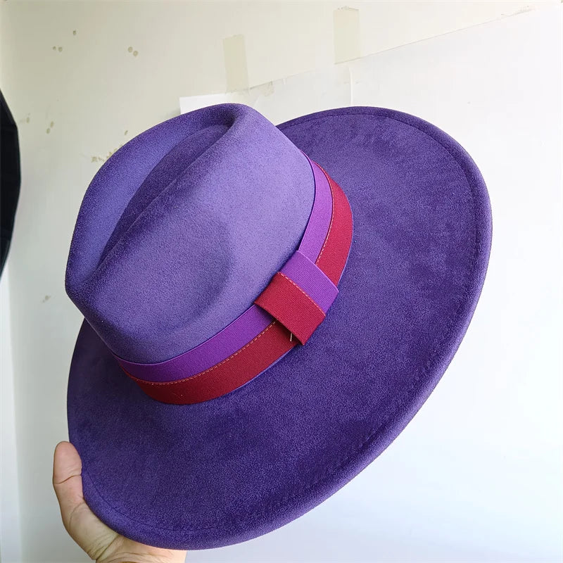 Colorblock ribbon suede felt hat with wide brim, suitable for women and men, in retro British style for autumn and winter.