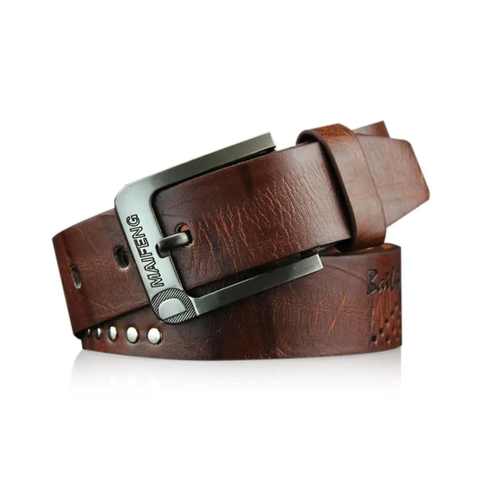 Ansoff men's leather belt with classic buckle, vintage cowboy style, high-quality alloy waistband, suitable for business and casual wear.