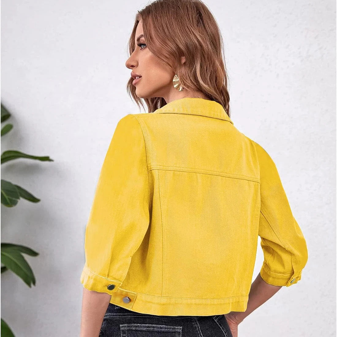 Ansoff women's cropped denim jacket with distressed details, puff sleeves, colorful purple, yellow, white, and blue stretch fabric with pockets