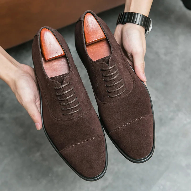 Men's suede leather dress shoes by Ansoff, handmade lace-up oxfords with pointed toe for casual, office, or wedding formal wear.