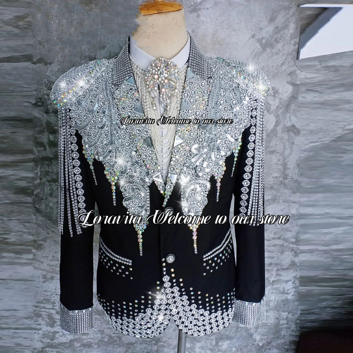 Elegant black tuxedo with crystal embellishments, slim fit men's suit by Ansoff, perfect for prom, wedding, or formal parties.