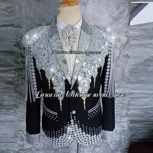 Elegant black tuxedo with crystal embellishments, slim fit men's suit by Ansoff, perfect for prom, wedding, or formal parties.