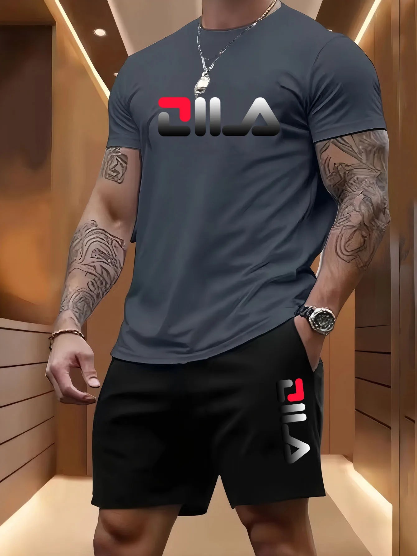 Men's summer beach sports suit by Ansoff, casual two-piece set with loose T-shirt and shorts for outdoor basketball and sports.