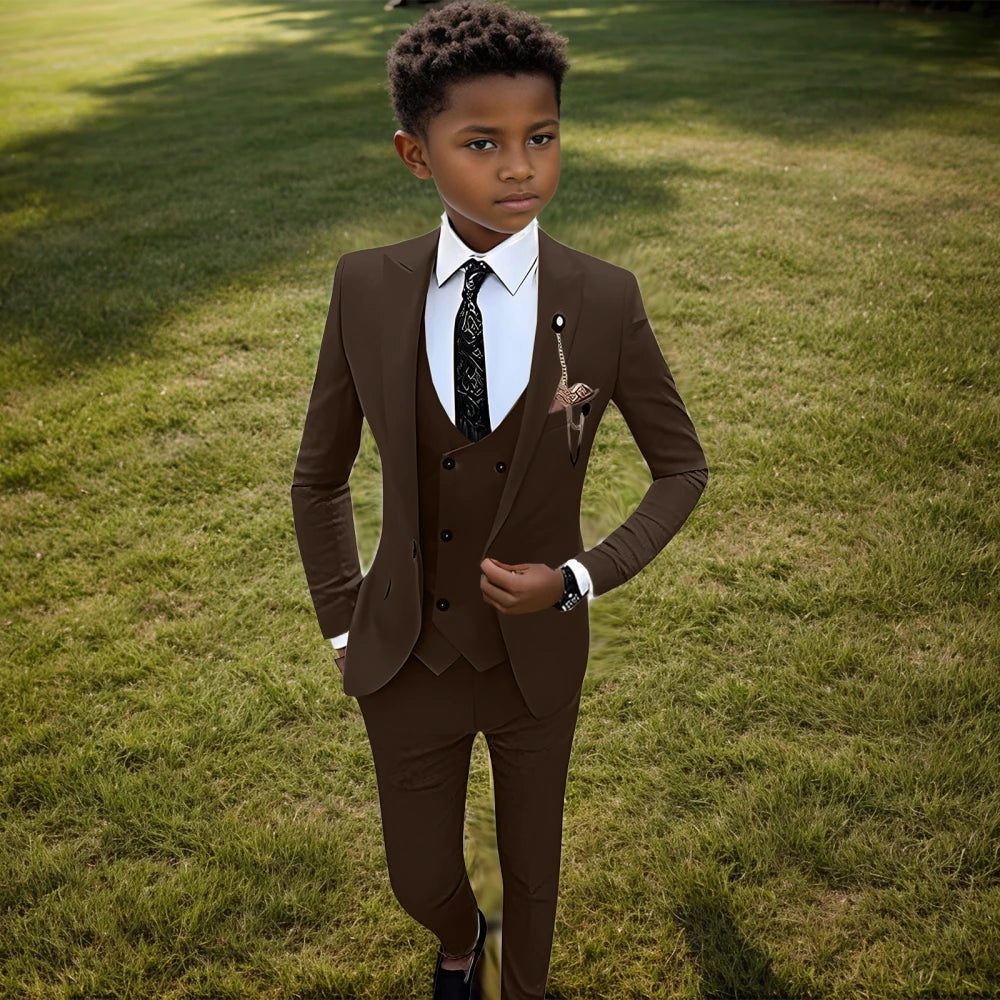 Colorful kids suit set by Ansoff, includes blazer, vest, pants, and tie, perfect for birthday parties for children aged 3-14.
