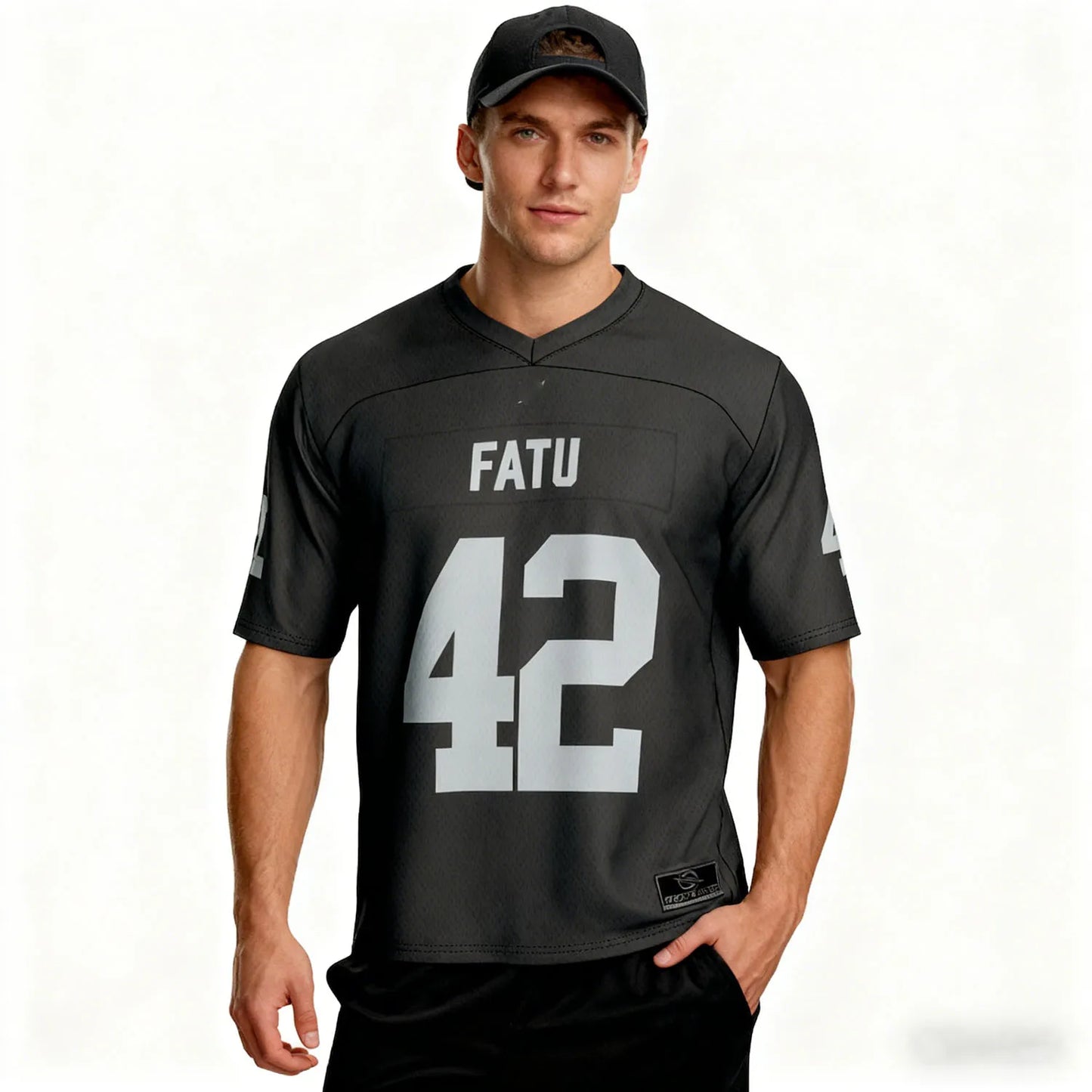 Men's black Jacob Fatu football jersey by Ansoff, stylish loose fit, breathable, sweat-absorbing fabric for outdoor sports.