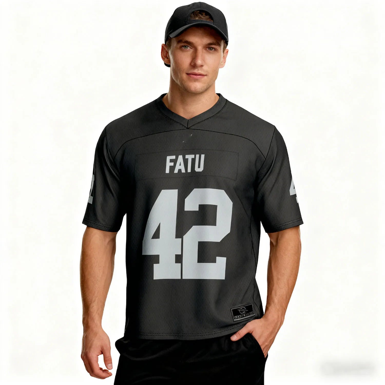 Men's black Jacob Fatu football jersey by Ansoff, stylish loose fit, breathable, sweat-absorbing fabric for outdoor sports.