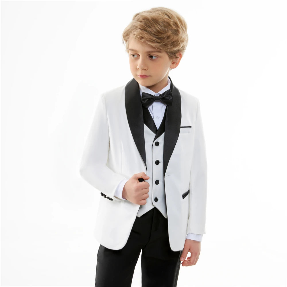 Stylish slim fit boys' suit set with blazer, vest, and pants by Ansoff, ideal for formal occasions like weddings and prom.