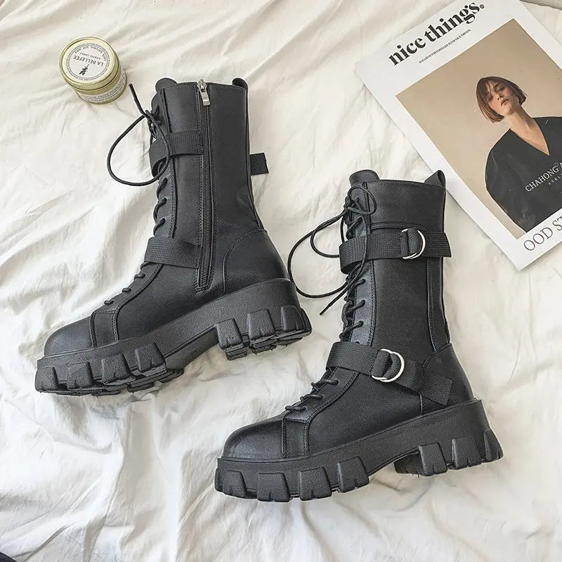 Ansoff women's motorcycle fashion high-top leather boots with non-slip platform soles, stylish knight-inspired design.