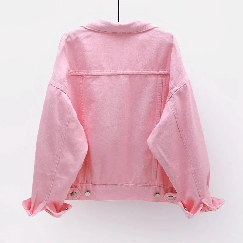 Ansoff classic denim jacket for women, oversized boyfriend style in purple, white, and yellow, casual loose fit jean coat for women.