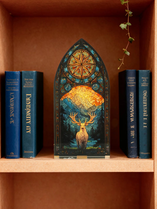 Gothic Acrylic Arch Desk Decor, Vintage Mountain, Deer & Compass Design, Artistic Tabletop Ornament for Living Room & Study Gift