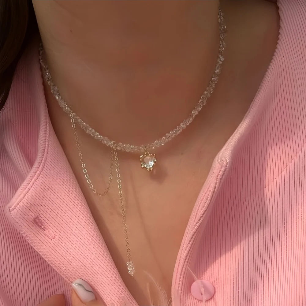New Irregular Choker Vintage Tassels Zircon Heart Pendant Necklace For Women Female Geometric Baroque Transparent Crystal Chain - Acros