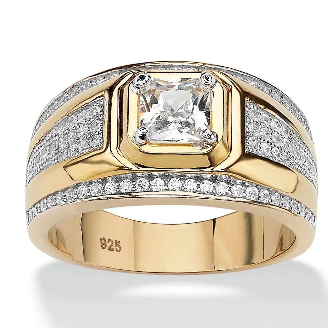 New Yellow Gold Rectangular Diamond Luxury Large Ring Male Ring Stamp with Diamond Party Popular Men's Business Birthday Gift
