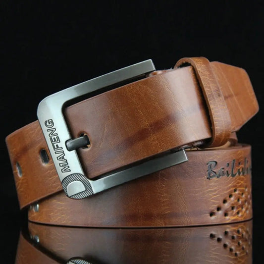 Ansoff men's leather belt with classic buckle, vintage cowboy style, high-quality alloy waist strap for business or casual wear.