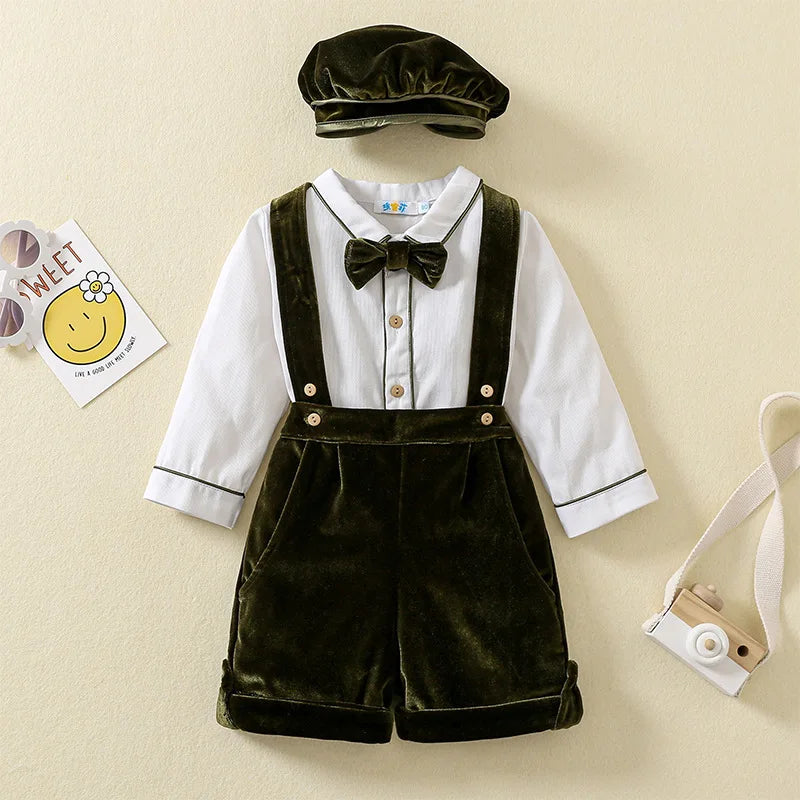 Newborn Clothes Suit Baby Boy Clothing Sets for Birthday Wedding Party Children Withe Blouse Velvet Pants 3Pcs Outfits With Hats