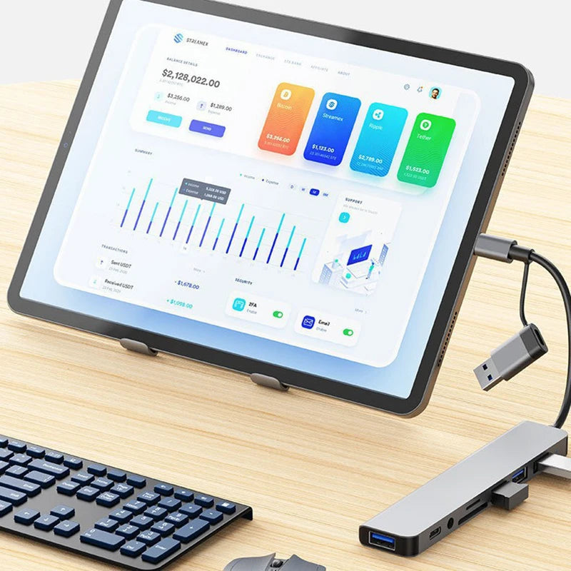 Ansoff 8-in-2 USB and Type C docking station with 3.5mm audio jack, micro SD card reader, and multiple port connections for laptops and tablets.