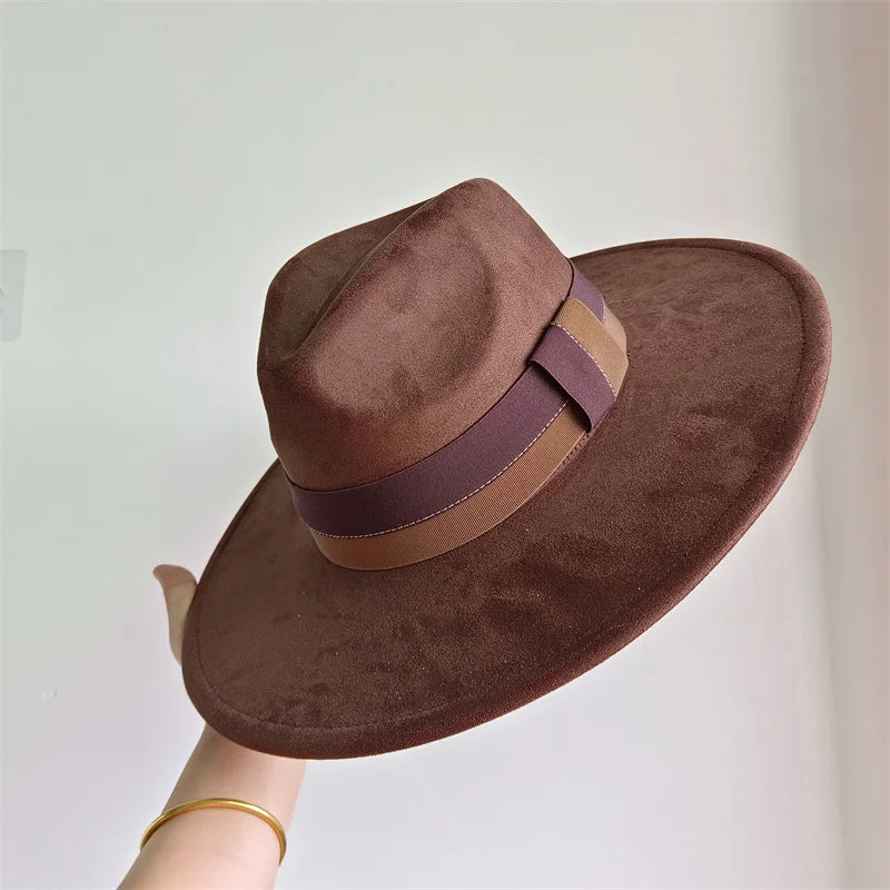 Colorful suede wide-brim felt hat with colorblock ribbon, stylish British retro design for women and men by Ansoff.