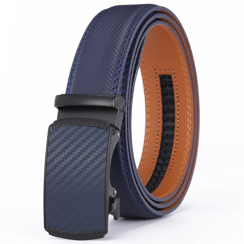 Men's genuine leather belt with alloy automatic buckle, blue fashion designer belt by Ansoff, suitable for business and casual wear.