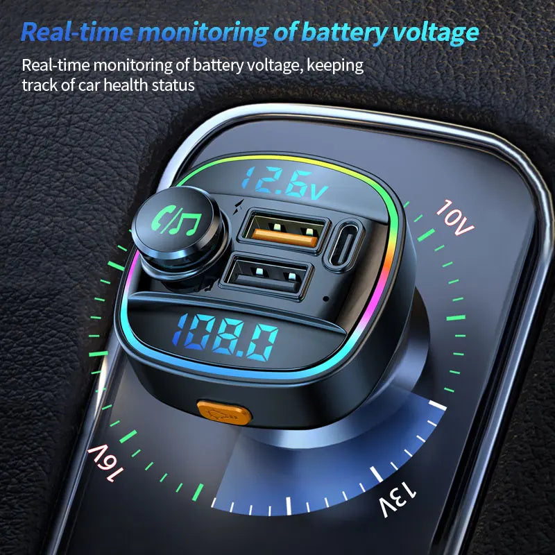 Ansoff Bluetooth 5.0 FM transmitter car radio modulator with USB quick charge adapter and MP3 player in a car setting