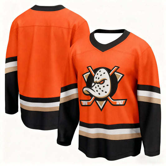 Ansoff orange hockey jersey with black, white, and beige accents, featuring breathable fabric and 3D HD print details.
