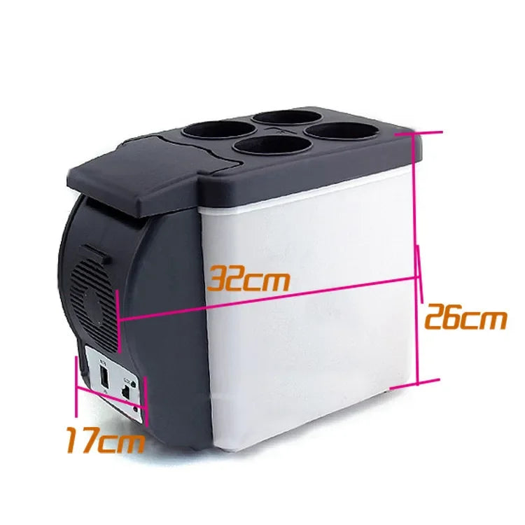 Ansoff portable 6L car refrigerator and mini cooler with thermoelectric cooling for fruits and beverages, plugged into a 12V DC power source.
