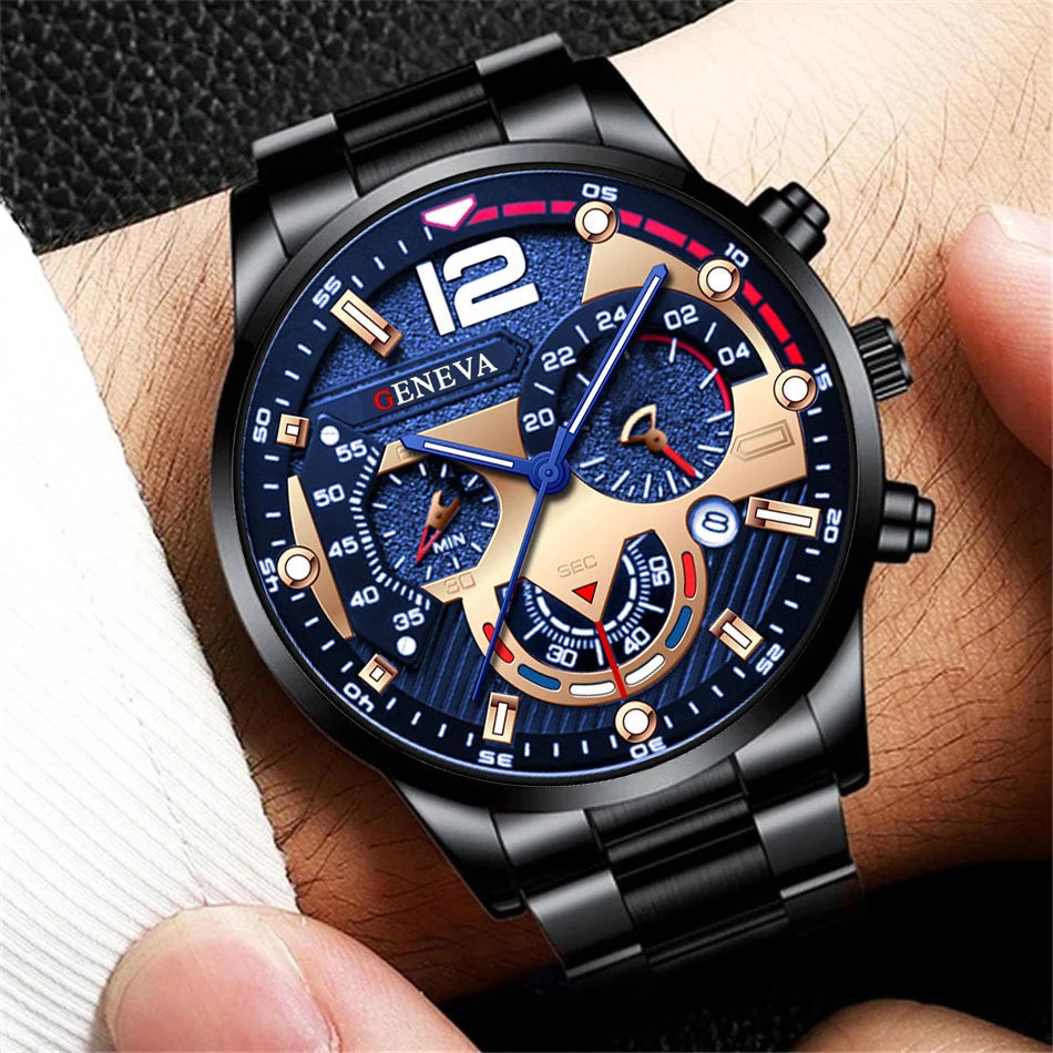 Ansoff men's stainless steel band analog quartz wristwatch with calendar display and sleek design.