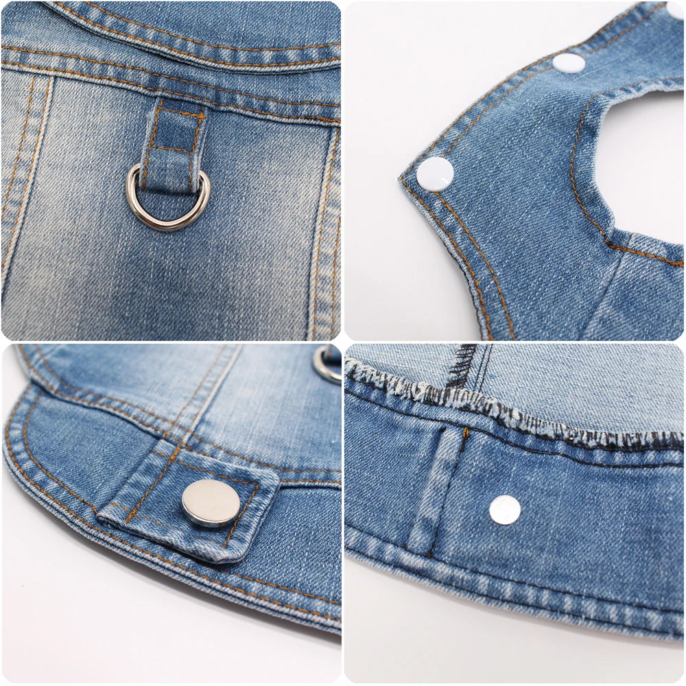 Ansoff 2024 thin denim dog jeans jacket with leash traction buckle, harness vest for small to medium puppies, stylish and comfortable.