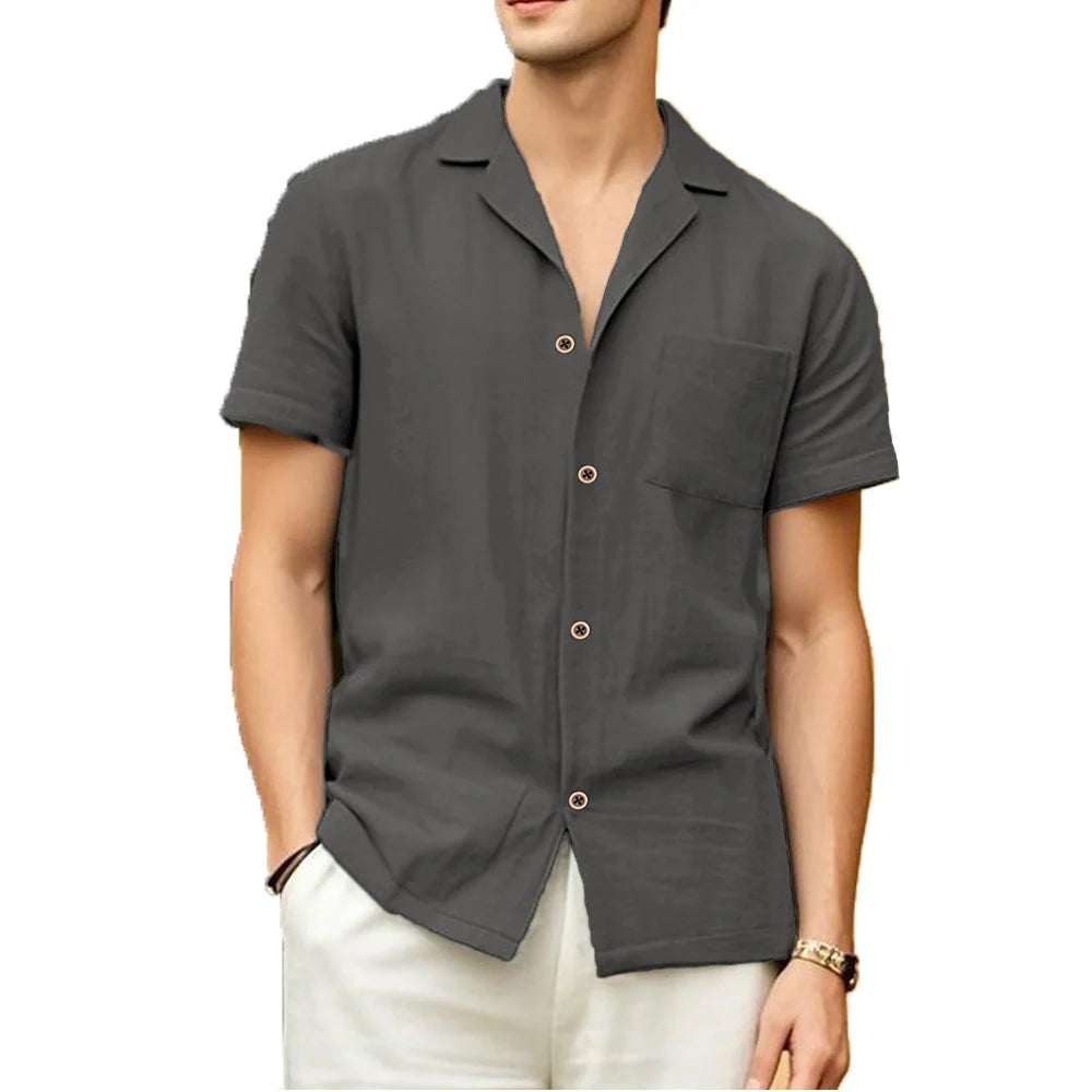 Men's Ansoff short-sleeved summer casual shirt in solid color, breathable and loose fit for beach and vacation wear