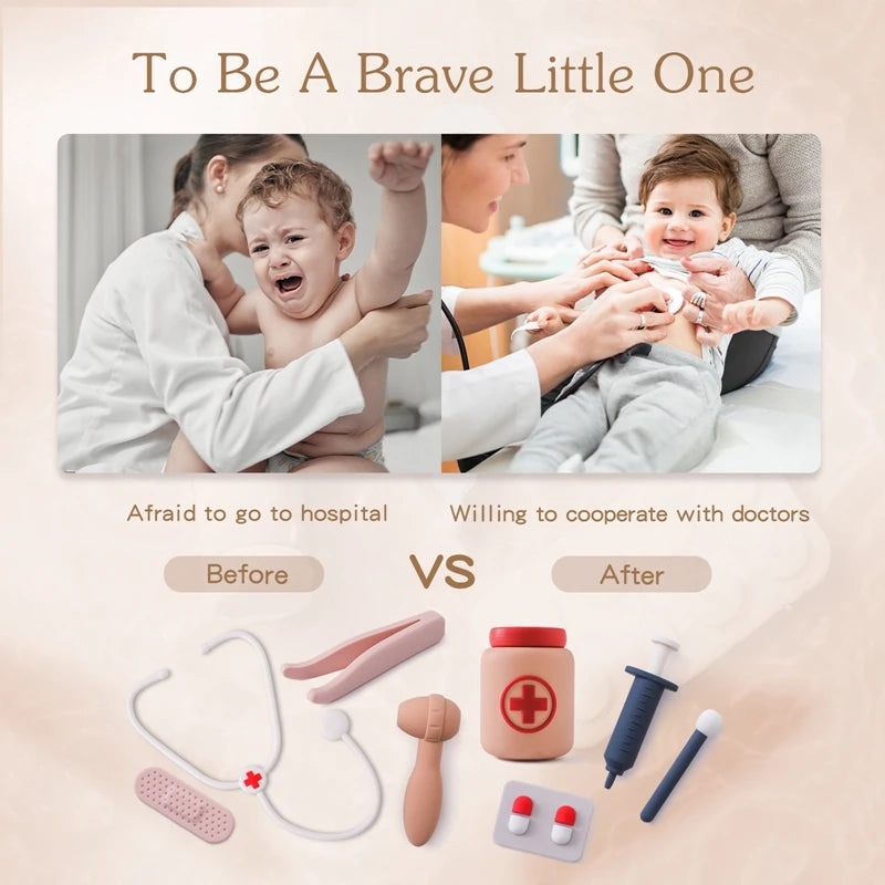 Ansoff baby silicone doctor toy set for role play, includes pretend medical accessories for kids’ educational and imaginative play.