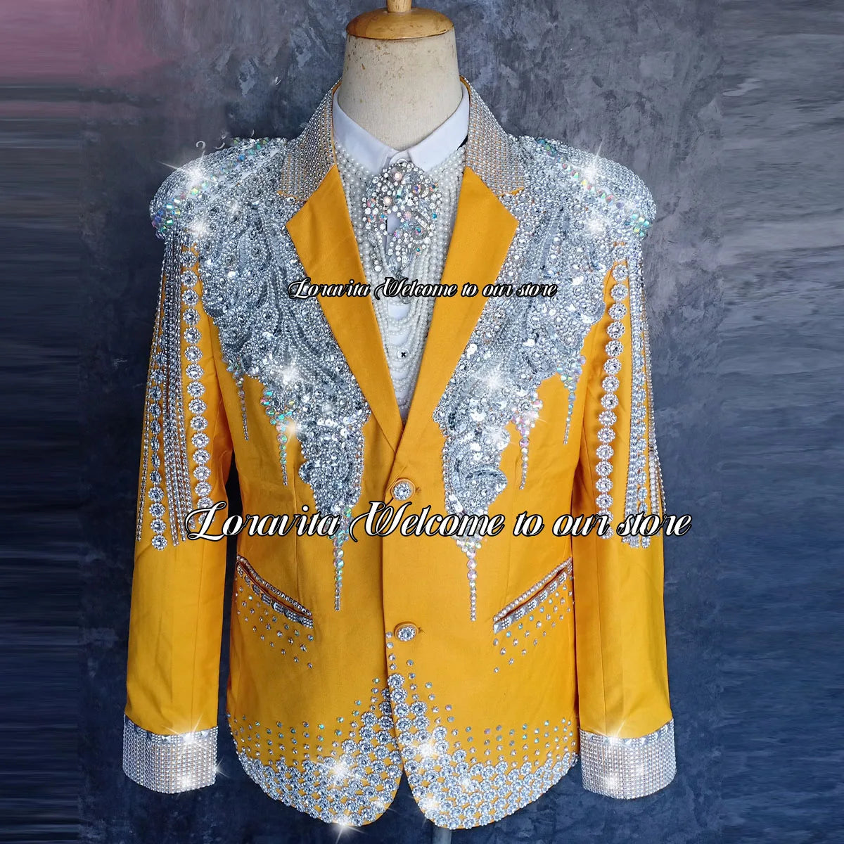 Elegant men's tuxedo set with crystal embellishments, slim fit blazer and trousers, perfect for prom, wedding, or party.
