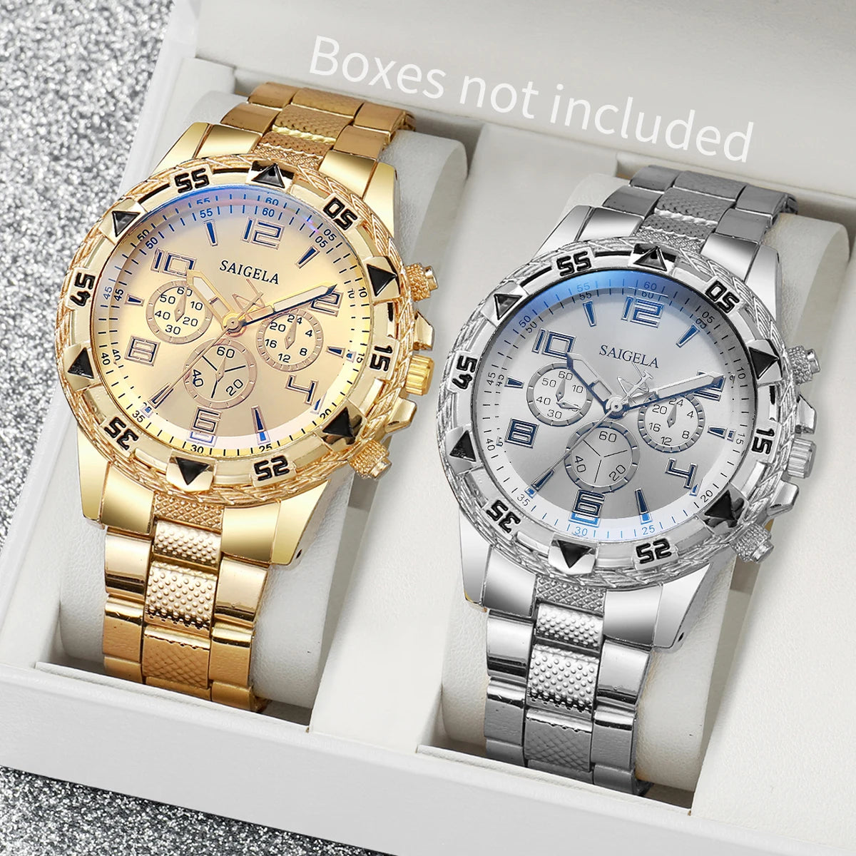 Two men's fashion business watches with Arabic dials and steel bands from Ansoff, featuring quartz movement, set on a white background.