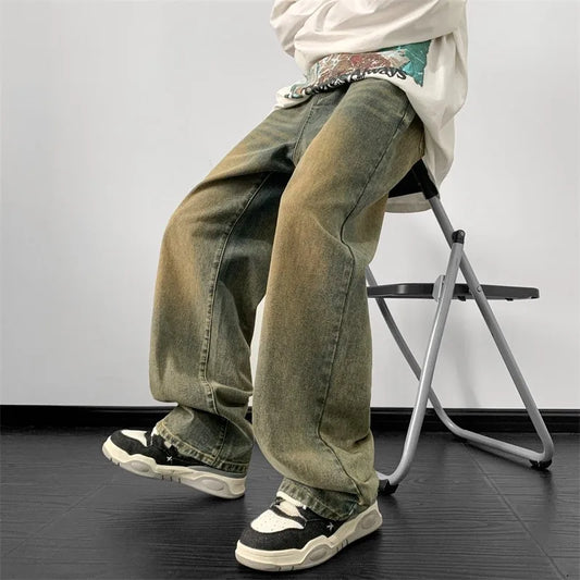 Men's wide leg denim jeans by Ansoff, loose straight-fit blue jeans featuring vintage style for streetwear and autumn fashion.