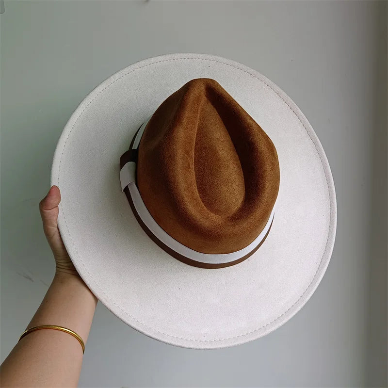 Colorblock ribbon suede felt hat by Ansoff, wide-brim British-style women's and men's hat for autumn and winter fashion.
