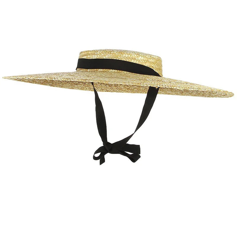 Summer Big Natural Straw Hats For Women Handmand Wide Brim Beach Visor Caps Elegant Flat Top Long Ribbon Lace-Up Sun Hat