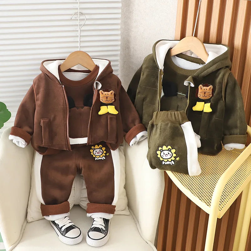 Baby Animal Clothes Sets For Boys Baby Outfits Children Boys Cartoon Lion Hooded Jacket+Top+Pants 3Pcs Set Infant Kid Tracksuits