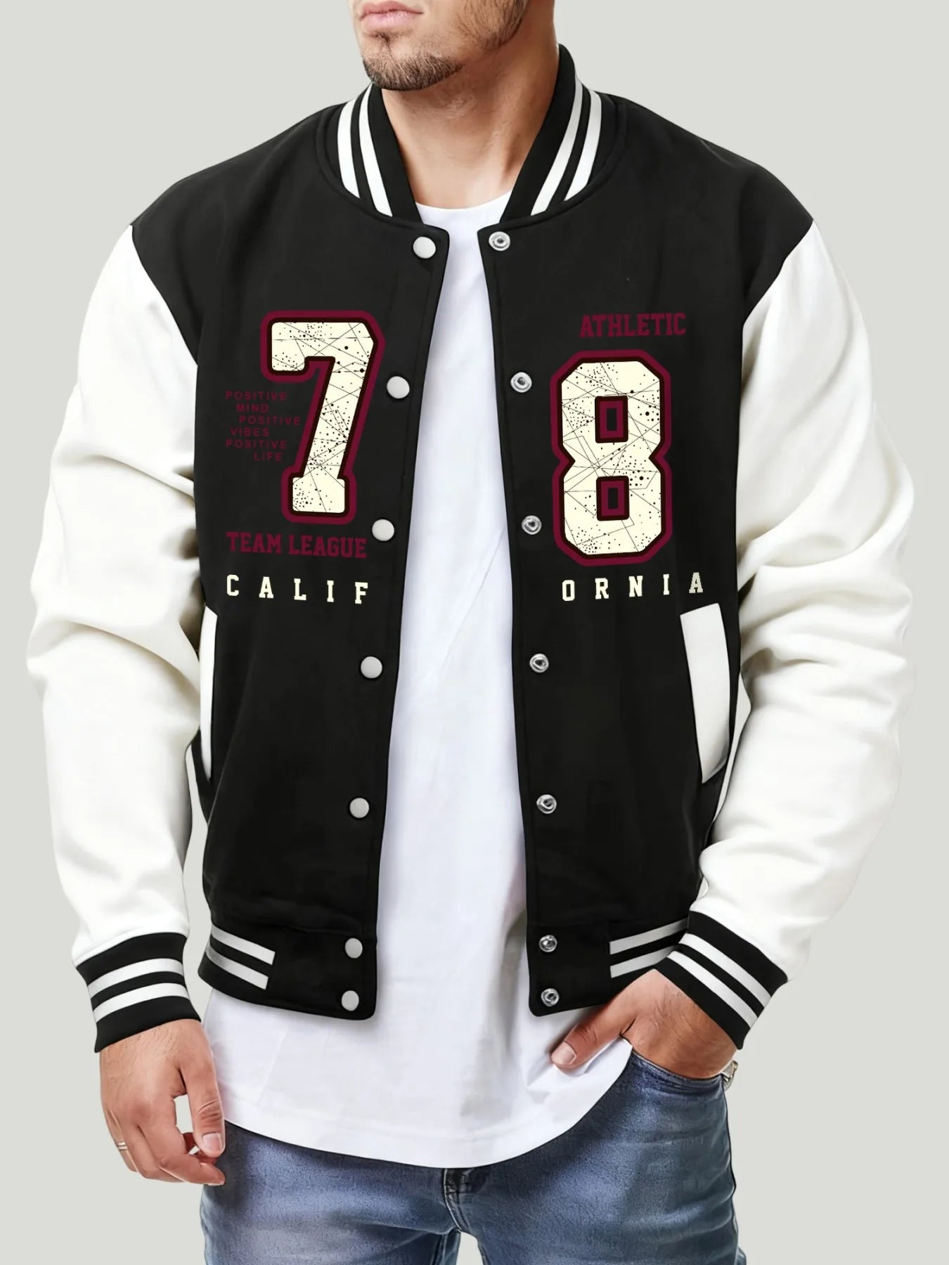 Ansoff California Athletic men's fleece baseball jacket with vintage number 78 print, casual sportwear for autumn.
