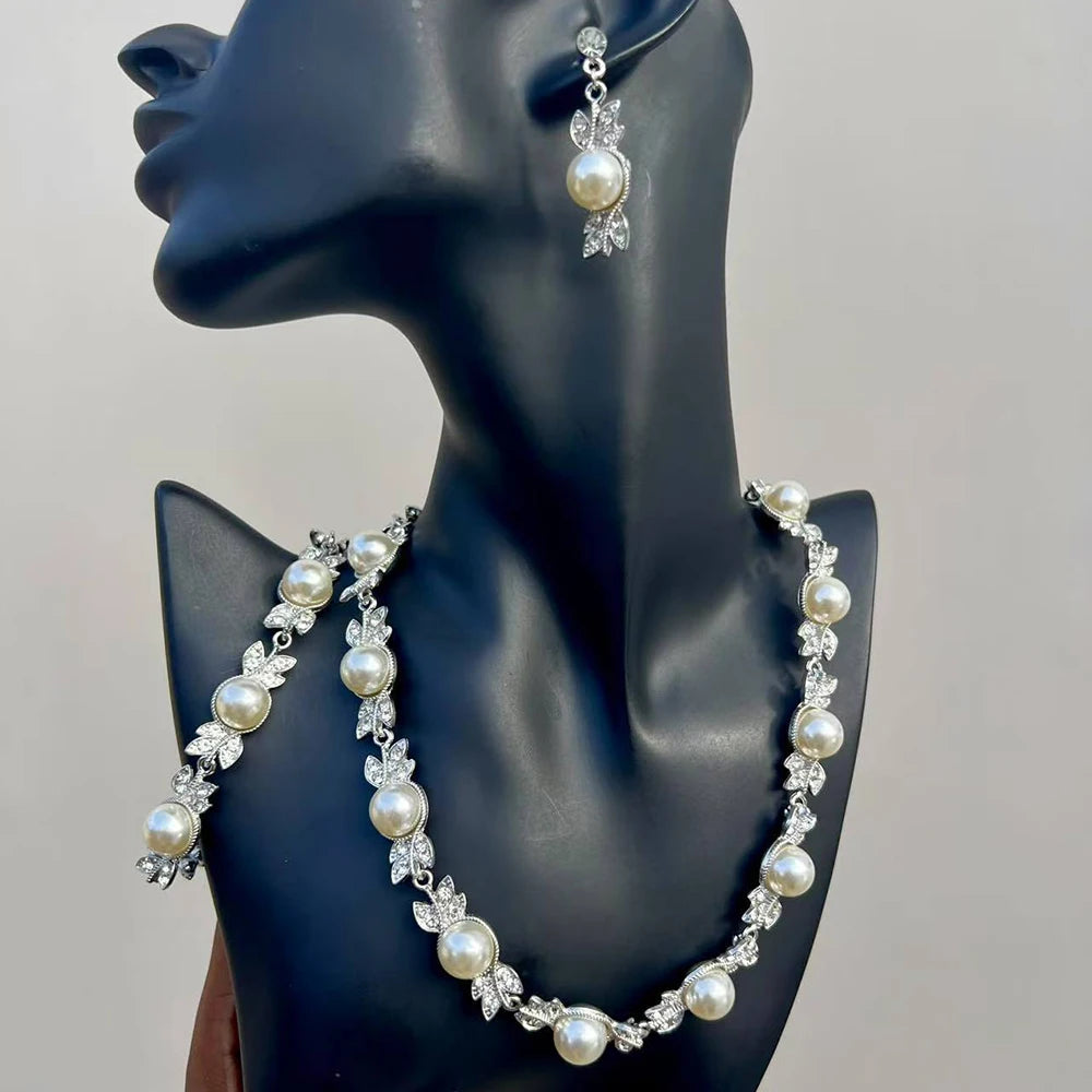 Elegant Imitation Big White Pearl Necklace Earring Jewelry Set for Women Party Wedding Pearl Accessories