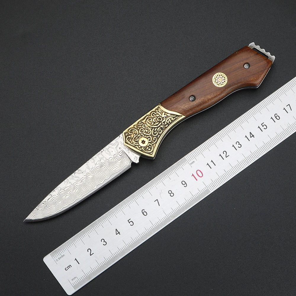 XUANTENG Brass Damascus steel folding knife, high hardness outdoor pocket knife, sharp fruit knife