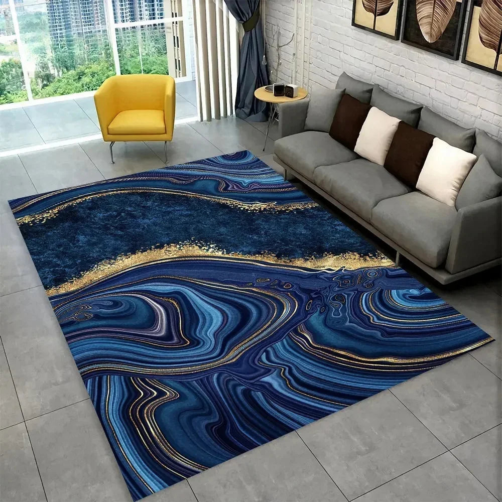 Sophisticated Nordic Blue and Gold Marble Floor Mat Geometric Carpet for Living Room or Bedroom Non-Slip Rug for Sofa Doormat