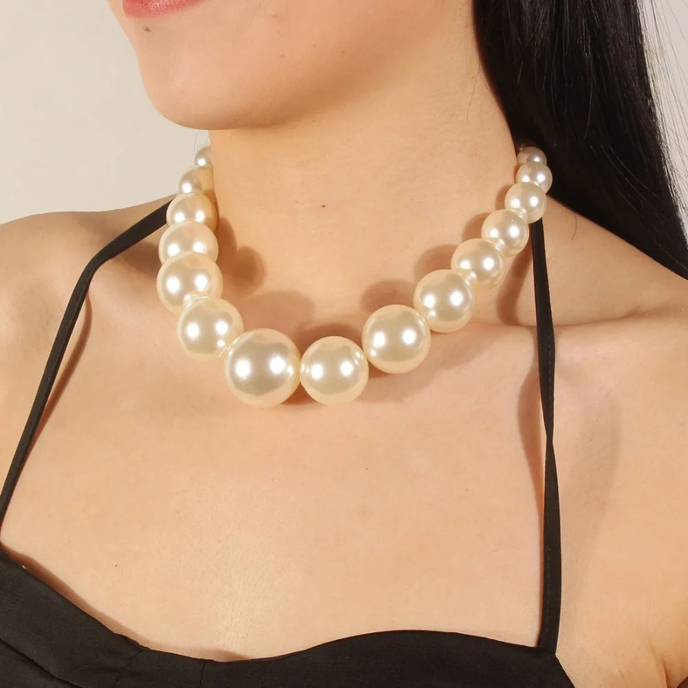 Fashion Elegant Large Pearl Necklace Set 42cm Length Round Big Ball Beads Chain Choker with Earrings Luxury Neck Jewelry Party