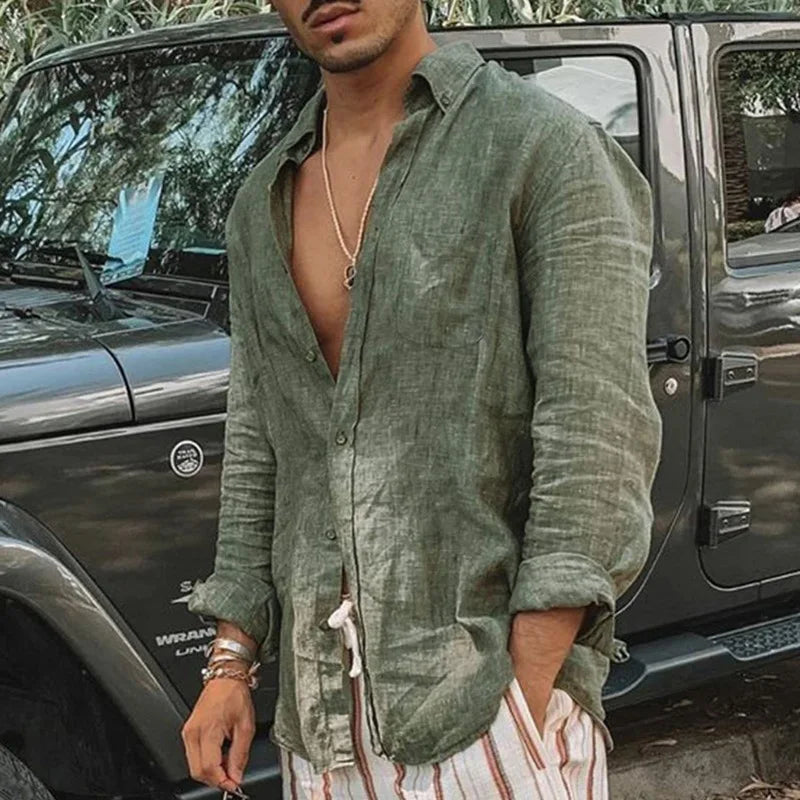 Men's long sleeve casual shirt by Ansoff, oversized loose fit, single-breasted, suitable for spring and summer, leisure style.