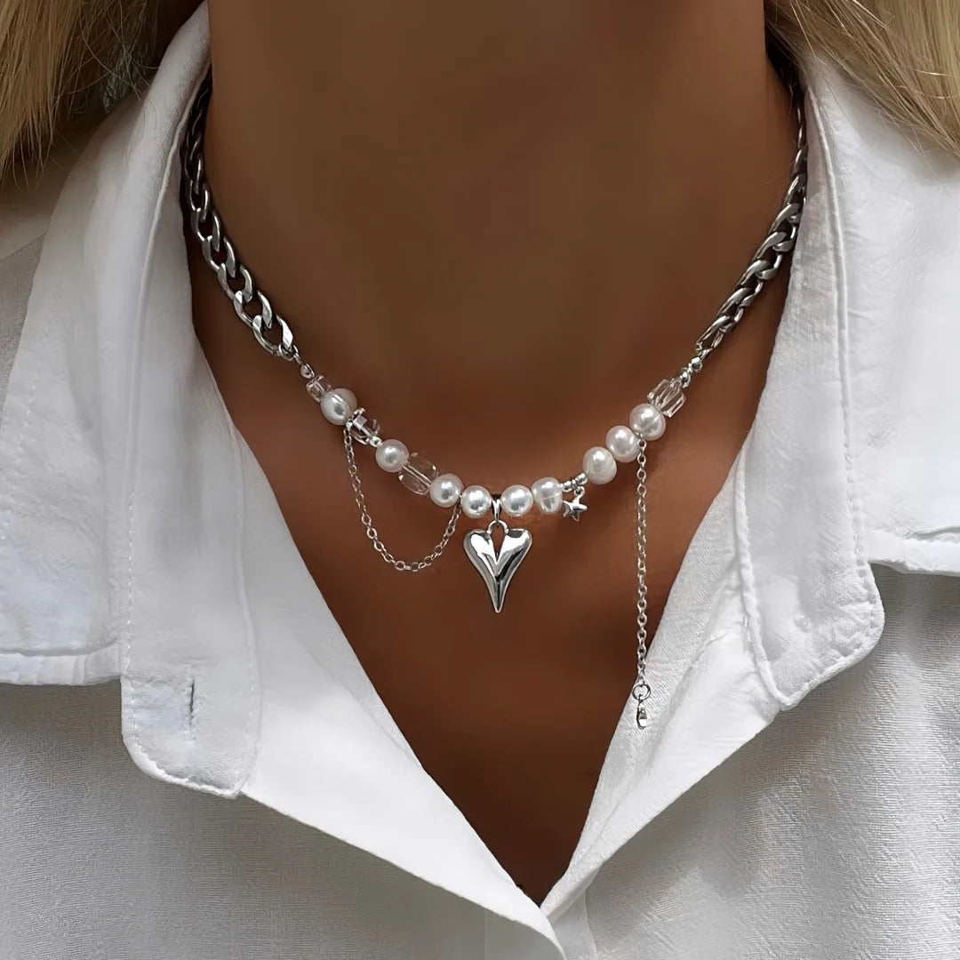New Irregular Choker Vintage Tassels Zircon Heart Pendant Necklace For Women Female Geometric Baroque Transparent Crystal Chain - Acros
