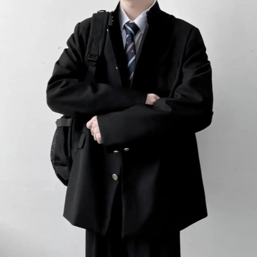 Men's Japanese style school uniform suit coat by Ansoff, single-breasted formal jacket with stand-up collar and flap pockets.