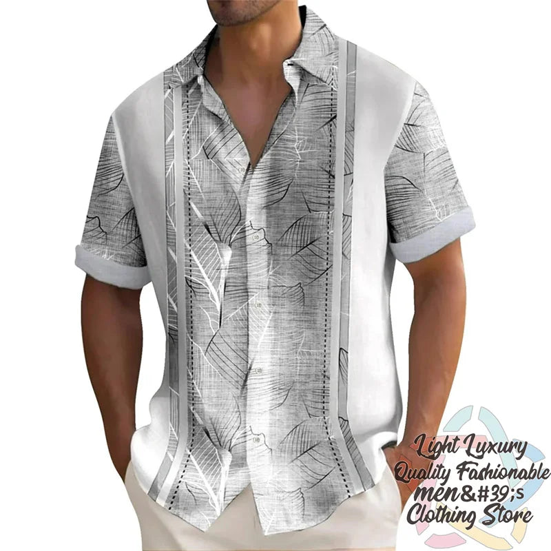 Men's short-sleeved linen shirt by Ansoff with summer striped print, casual oversized Hawaiian style, button-up collar.