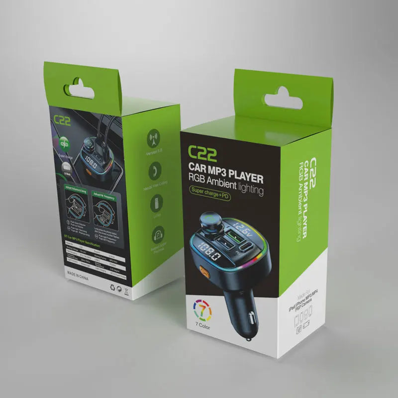 Ansoff Bluetooth 5.0 FM transmitter and handsfree car radio modulator with MP3 player, USB quick charge adapter, and sleek design.
