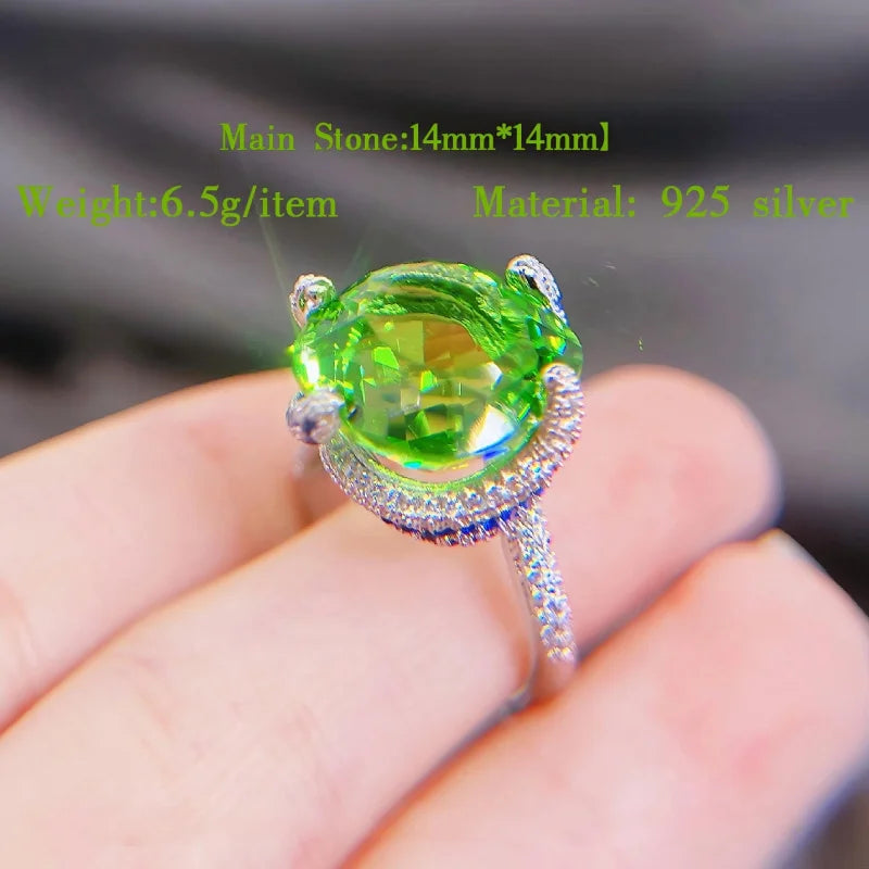 2026 new luxury large-cushion bright green artificial tourmaline ring, women's engagement ring, colored gemstone, adjustable des