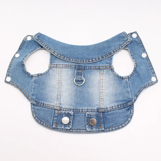 Ansoff dog jeans jacket in cool blue denim for small to medium dogs, featuring a harness vest with D-ring leash attachment.